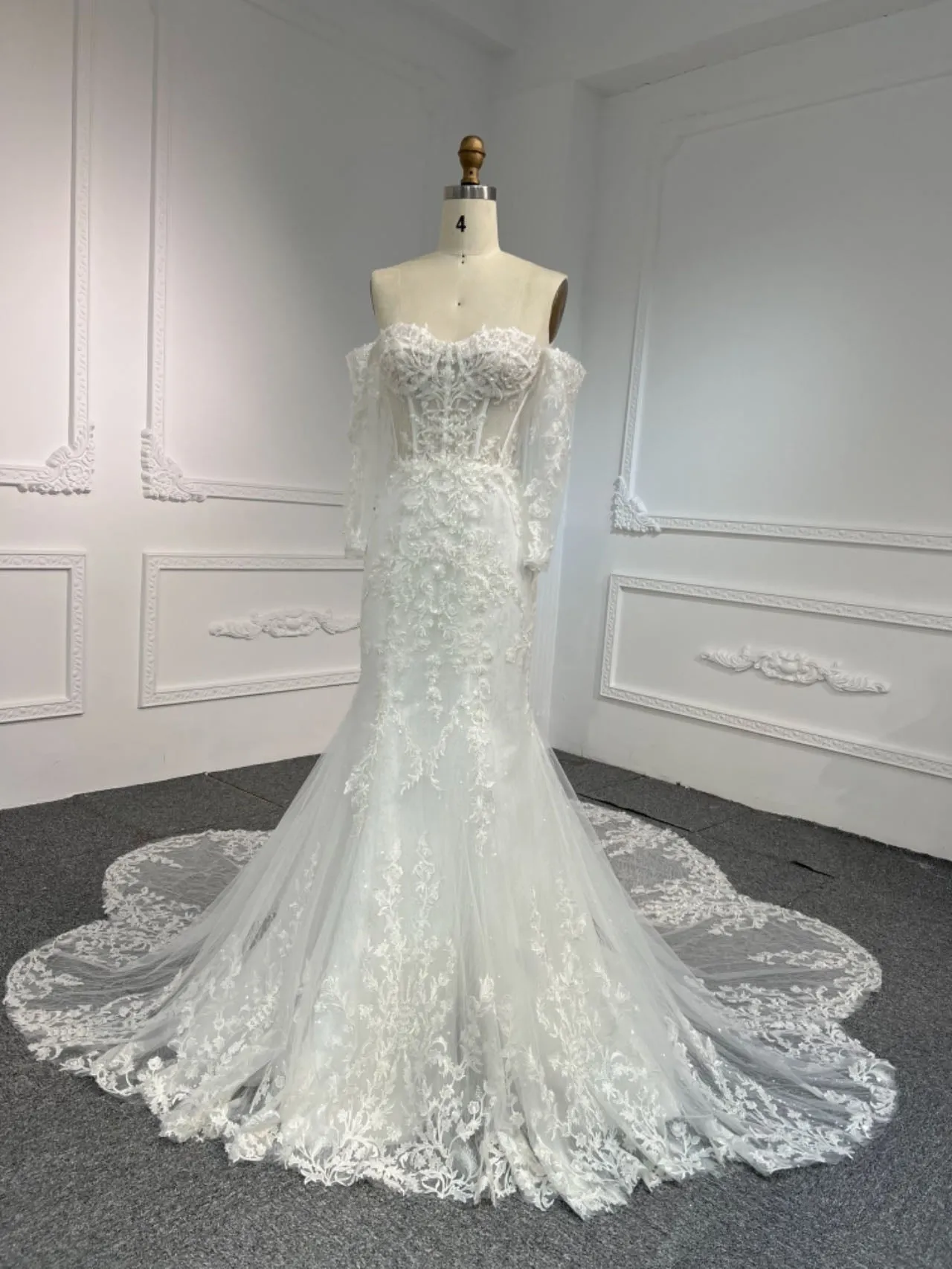 BYG#LB47 LACE BEADINGS MERMAID DRESS WEDDING DRESS WITH LONG SLEEVE