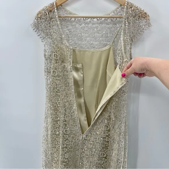 Cachet Delicate Elegant Sequin Lace Overlay Dress Champagne Size 6 Knee Length