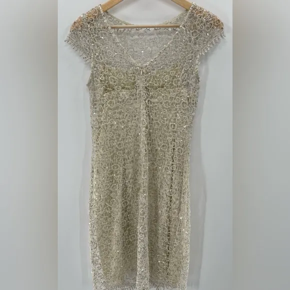 Cachet Delicate Elegant Sequin Lace Overlay Dress Champagne Size 6 Knee Length
