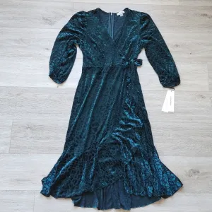 Calvin Klein Burnout Velvet Animal Print Dress Womens 8 Green Faux Wrap Sleeve