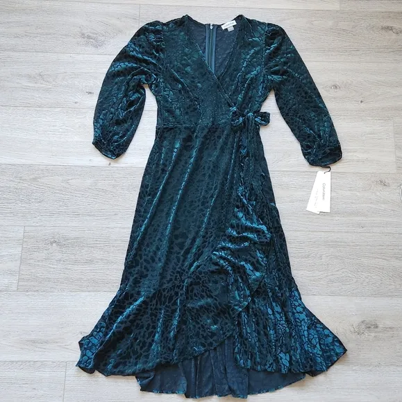 Calvin Klein Burnout Velvet Animal Print Dress Womens 8 Green Faux Wrap Sleeve