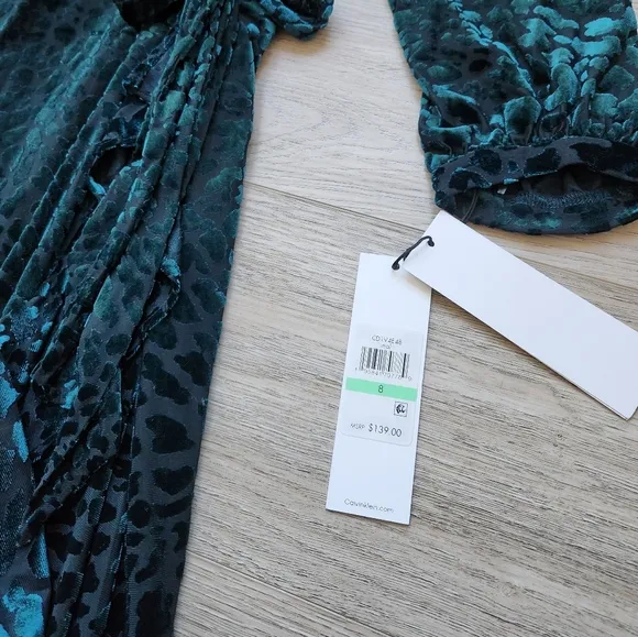 Calvin Klein Burnout Velvet Animal Print Dress Womens 8 Green Faux Wrap Sleeve