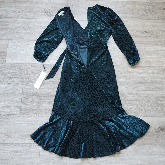 Calvin Klein Burnout Velvet Animal Print Dress Womens 8 Green Faux Wrap Sleeve