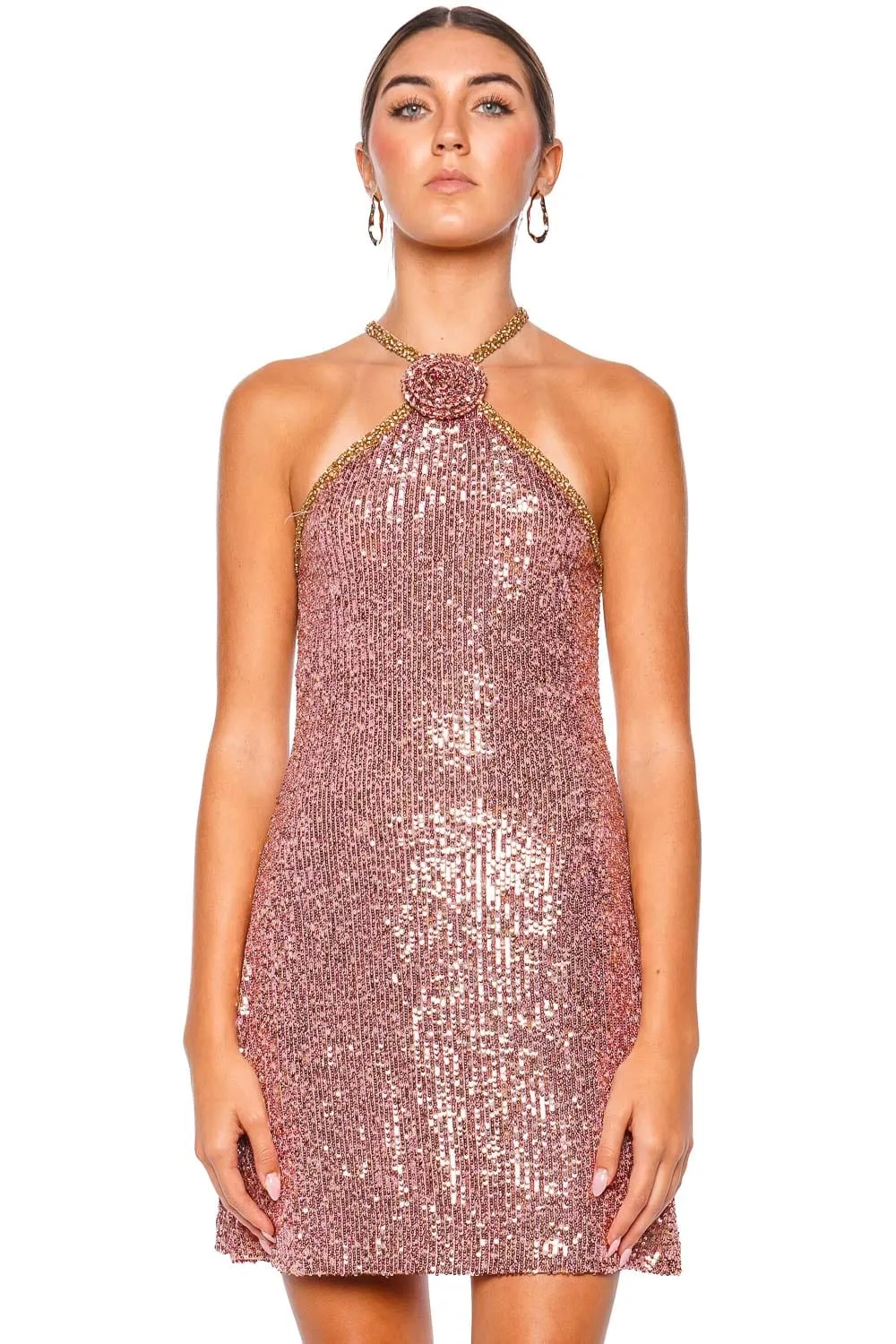 Cécile Rose Gold Sequin Halter Mini Dress