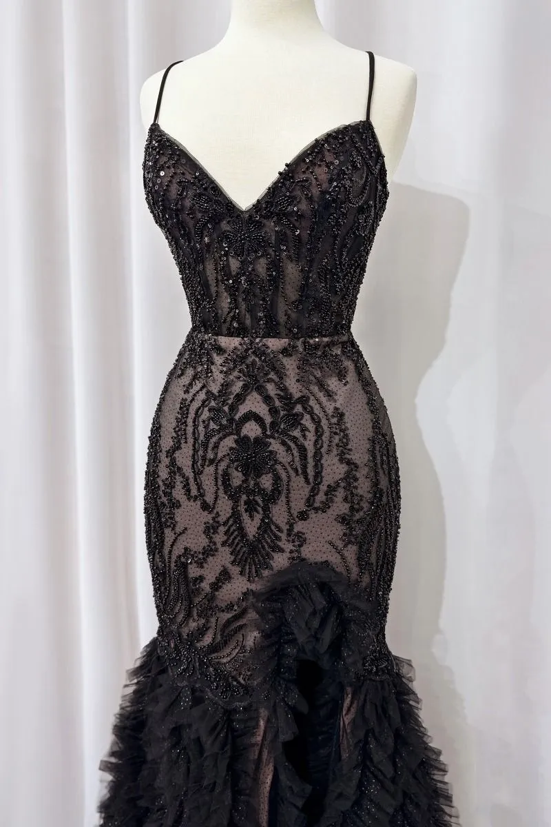 CD A1299 - Floral Beaded Fit & Flare Prom Gown with V-Neck Leg Slit & Lace Up Corset Back