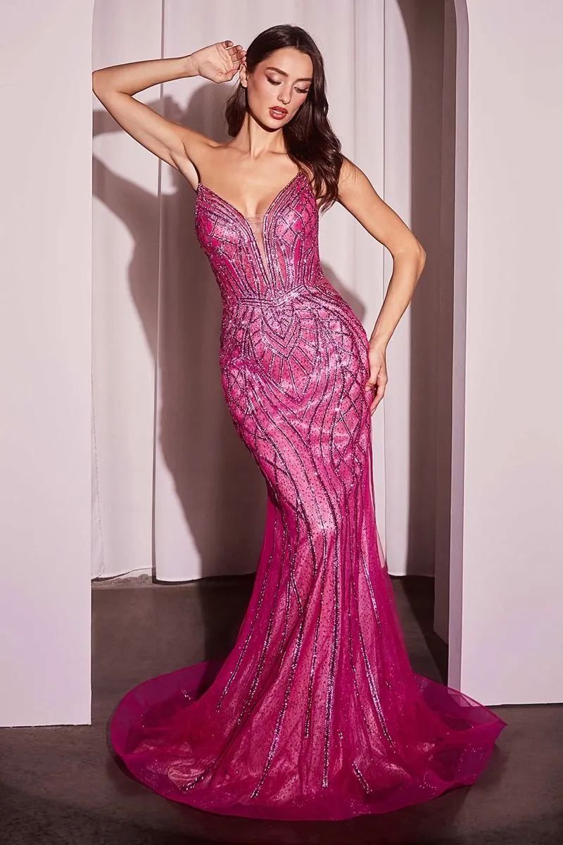 CD CC6018 - Strapless Crystal Embellished Mermaid Prom Gown with Sheer Boned Bodice & Lace Up Open Back