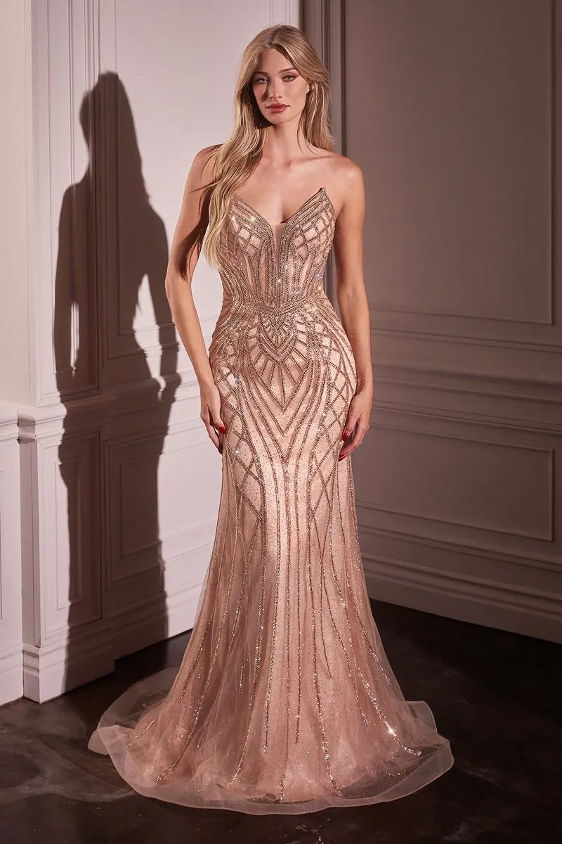 CD CC6018 - Strapless Crystal Embellished Mermaid Prom Gown with Sheer Boned Bodice & Lace Up Open Back