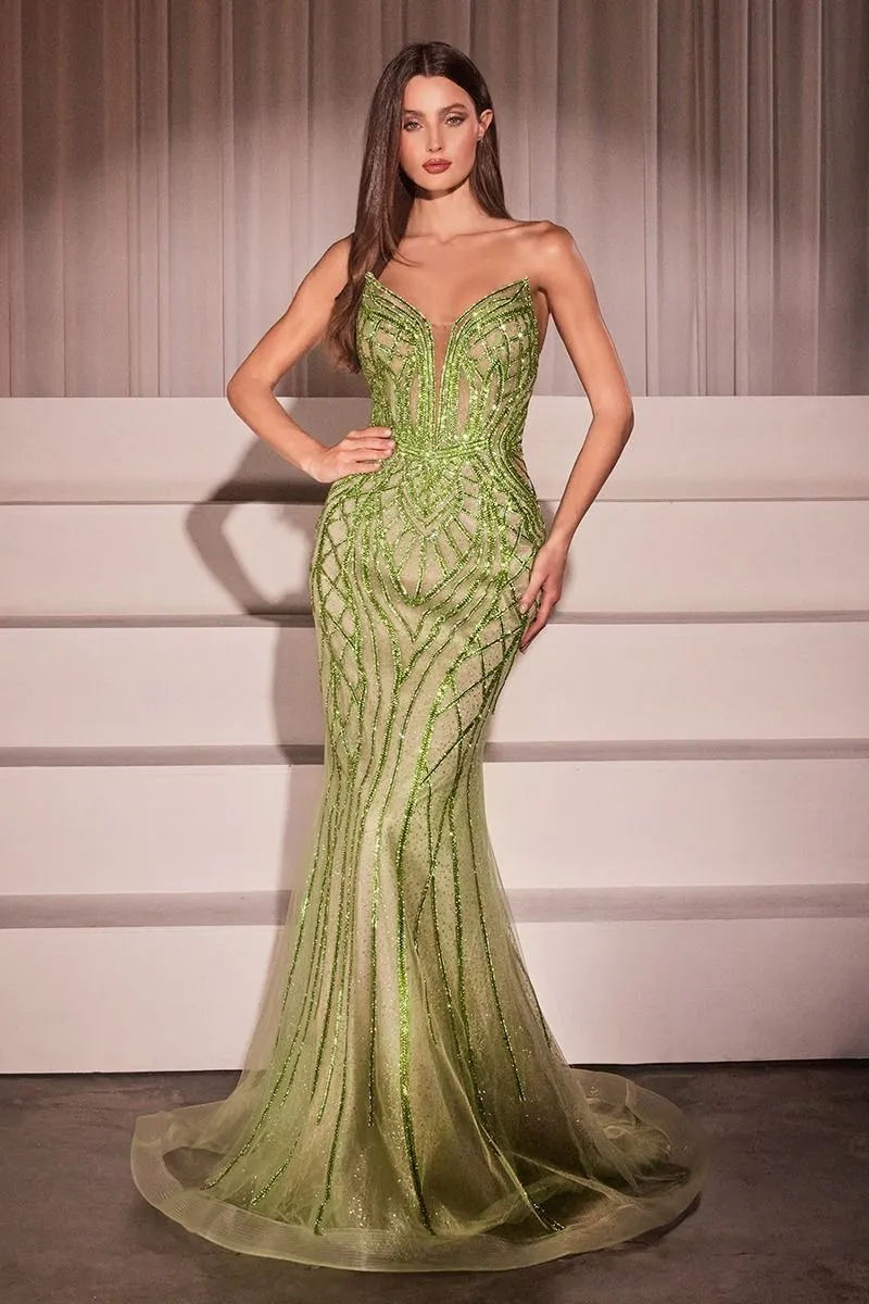 CD CC6018 - Strapless Crystal Embellished Mermaid Prom Gown with Sheer Boned Bodice & Lace Up Open Back