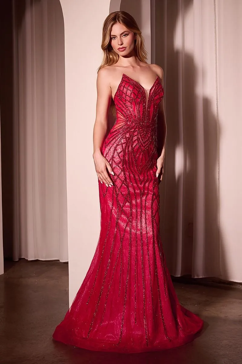 CD CC6018 - Strapless Crystal Embellished Mermaid Prom Gown with Sheer Boned Bodice & Lace Up Open Back