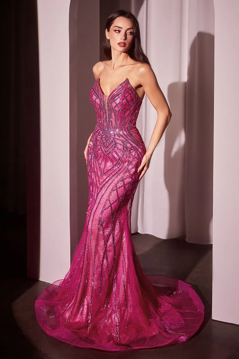 CD CC6018 - Strapless Crystal Embellished Mermaid Prom Gown with Sheer Boned Bodice & Lace Up Open Back