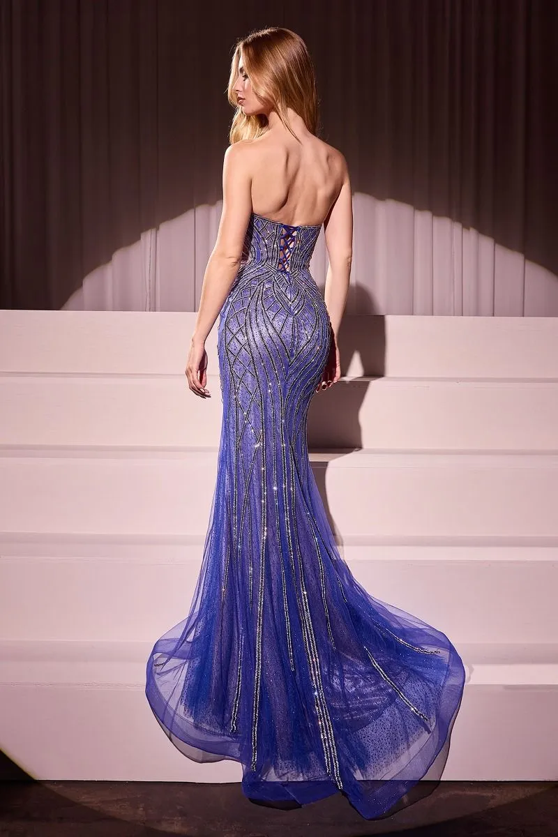CD CC6018 - Strapless Crystal Embellished Mermaid Prom Gown with Sheer Boned Bodice & Lace Up Open Back