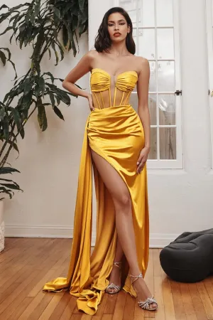 CD CD269 - Strapless Stretch Satin Prom Gown with Crystal Accented Leg Slit & Sheer Boned Corset Bodice
