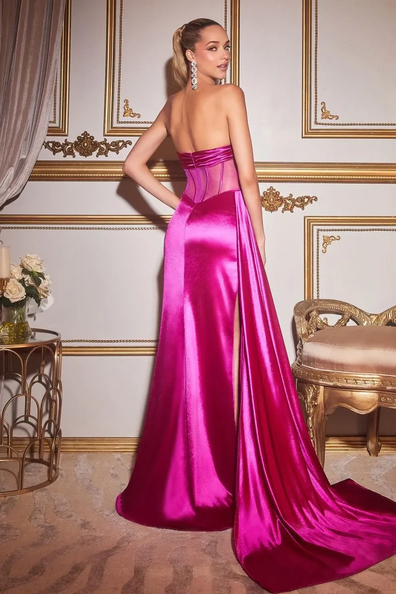 CD CD269 - Strapless Stretch Satin Prom Gown with Crystal Accented Leg Slit & Sheer Boned Corset Bodice
