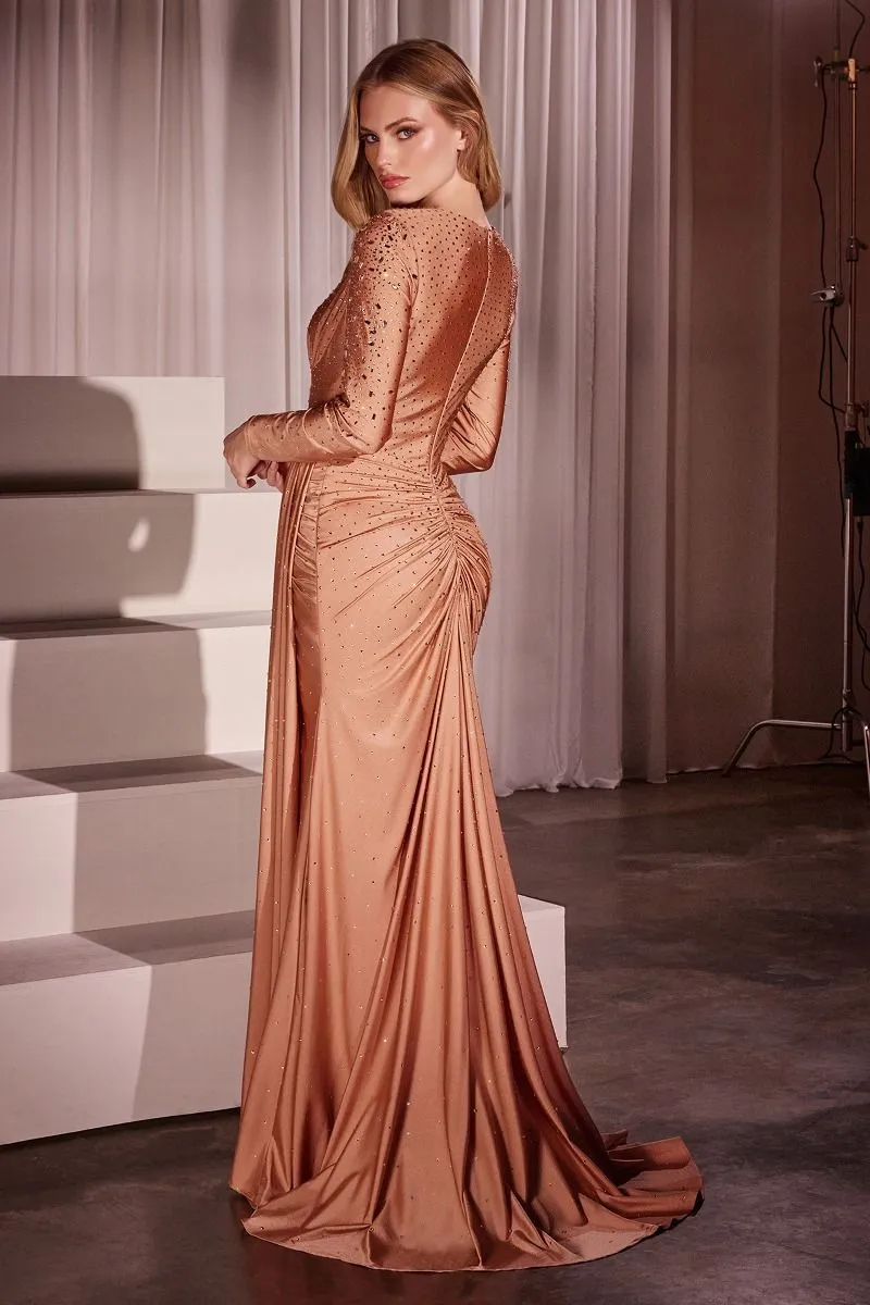 CD CD788 - Long Sleeve Beaded Embellished Stretch Satin Gown with Gathered Waist & Leg Slit
