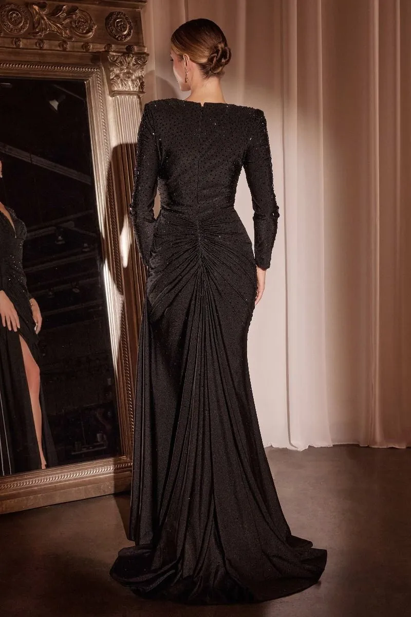CD CD788 - Long Sleeve Beaded Embellished Stretch Satin Gown with Gathered Waist & Leg Slit
