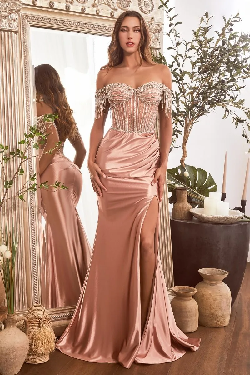 CD CD821 - Off the Shoulder Stretch Satin Fit & Flare Prom Gown with Sheer Bead Embellished Corset Bodice & Leg Slit