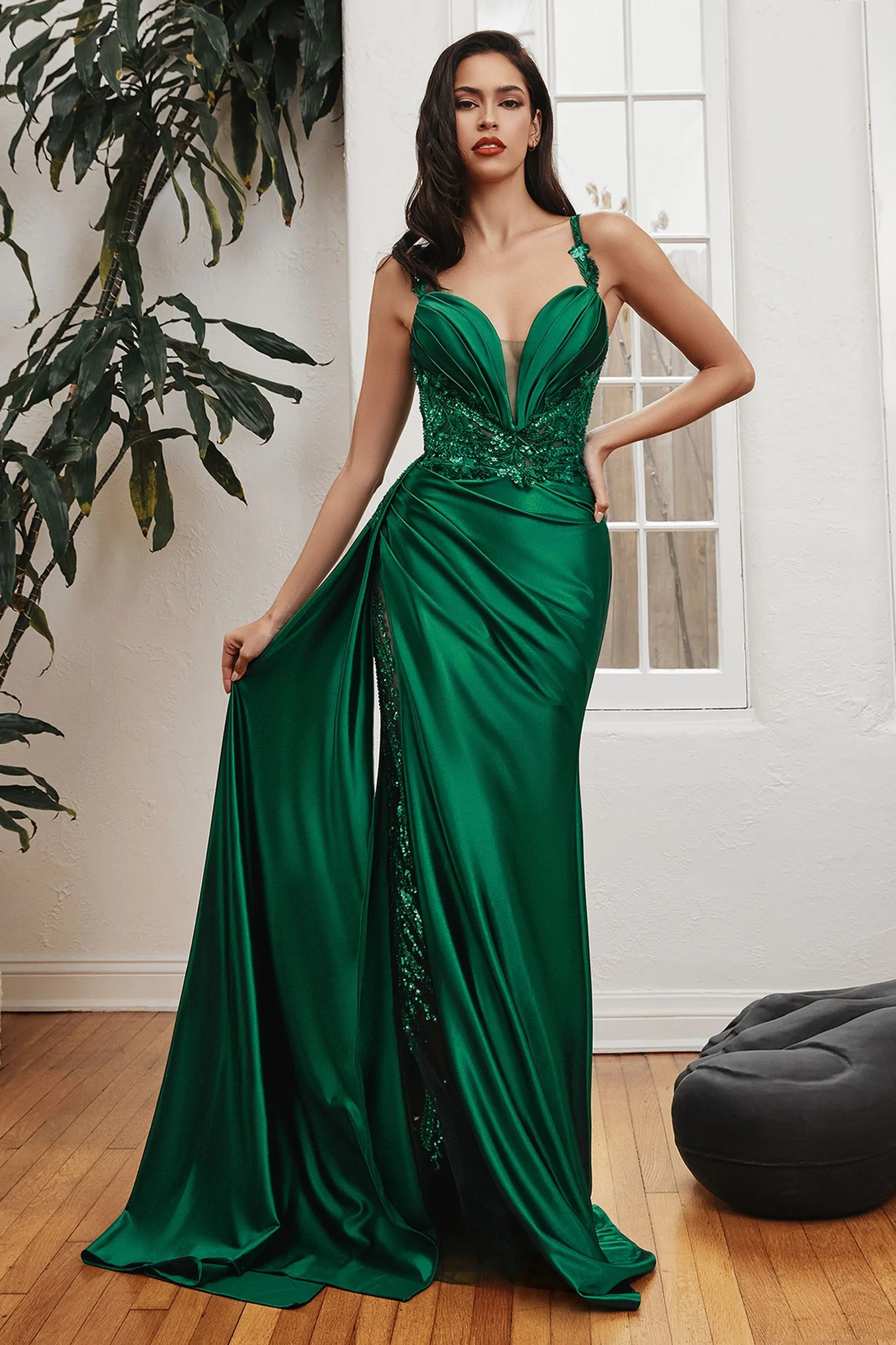 CD CDS417 - Stretch Satin Fit & Flare Prom Gown with Sheer Beaded Bodice Leg Slit & Side Sash