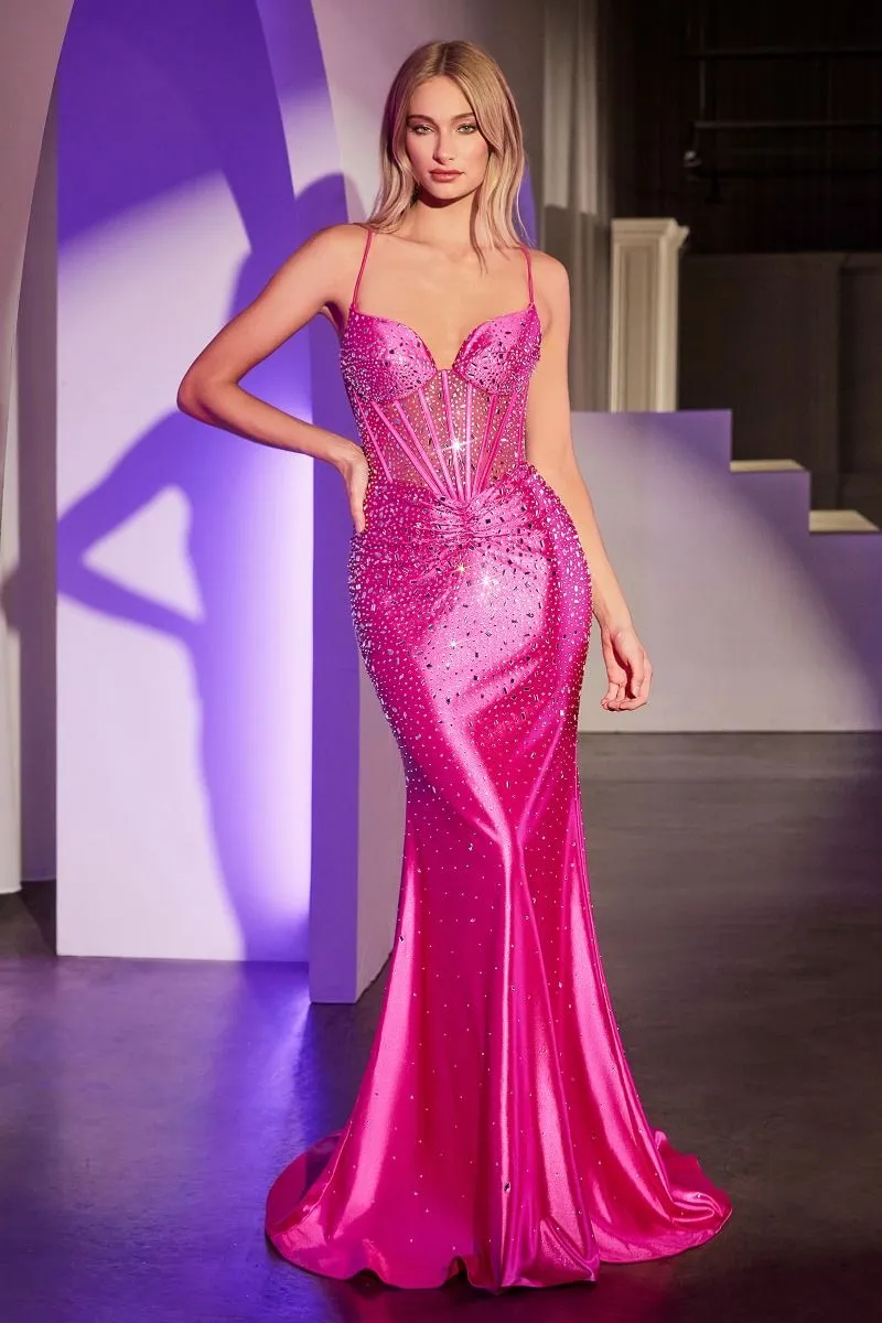 CD CDS527 - Crystal Embellished Stretch Satin FIt & Flare Prom Gown with Sheer Boned Bodice & Open Lace Up Back