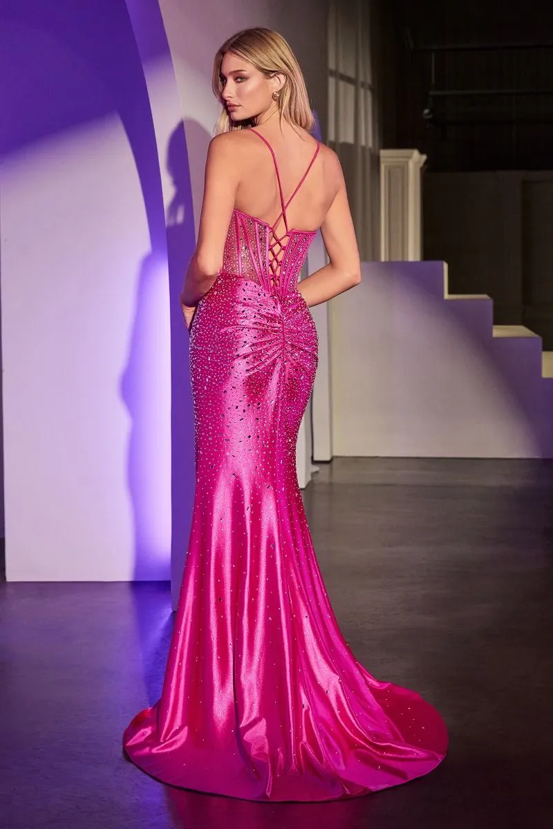 CD CDS527 - Crystal Embellished Stretch Satin FIt & Flare Prom Gown with Sheer Boned Bodice & Open Lace Up Back