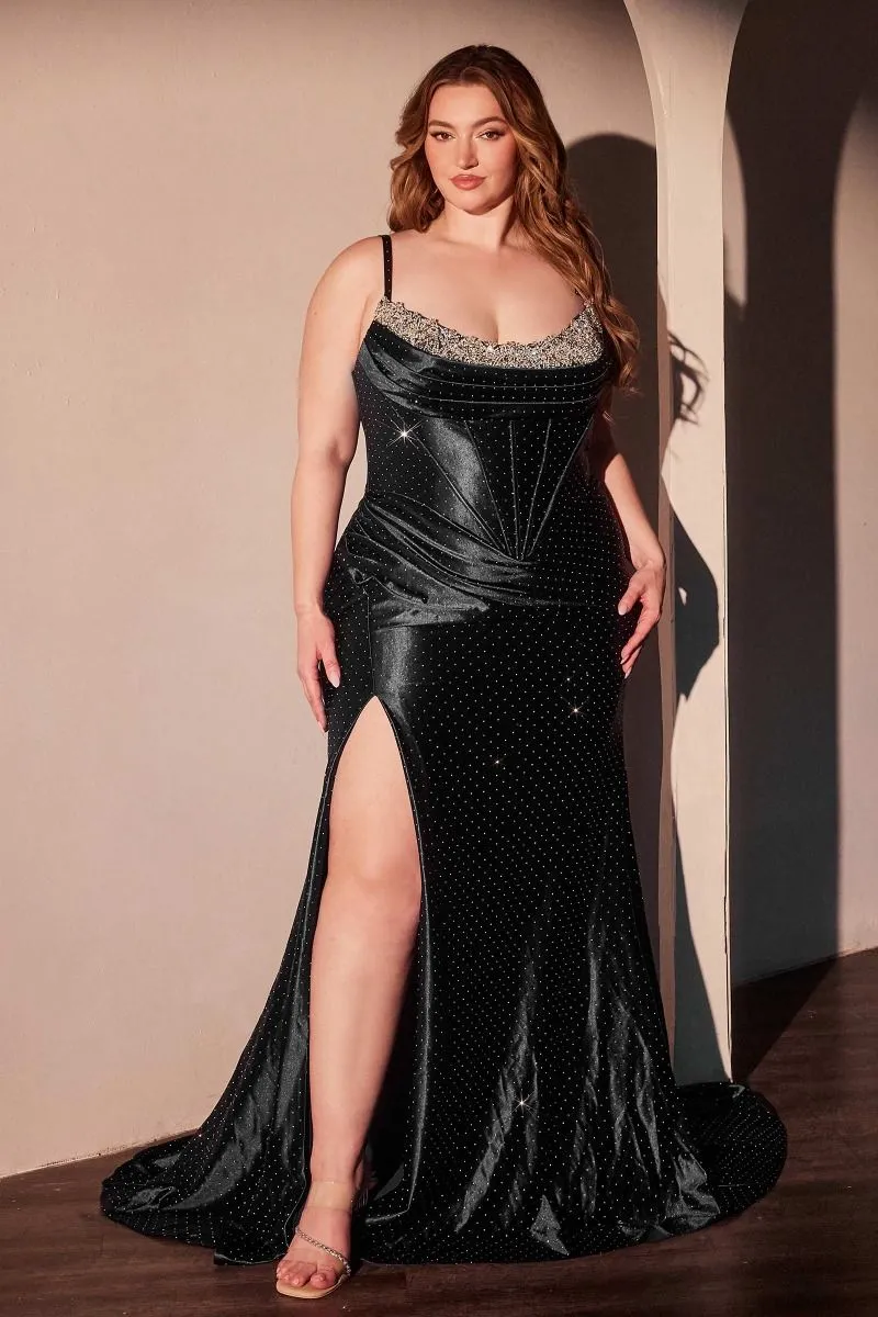 CD CDS529C - Plus Size Crystal Embellished Stretch Satin Fit & Flare Prom Gown with Bead Accented Scoop Neck Lace Up Back & Leg Slit