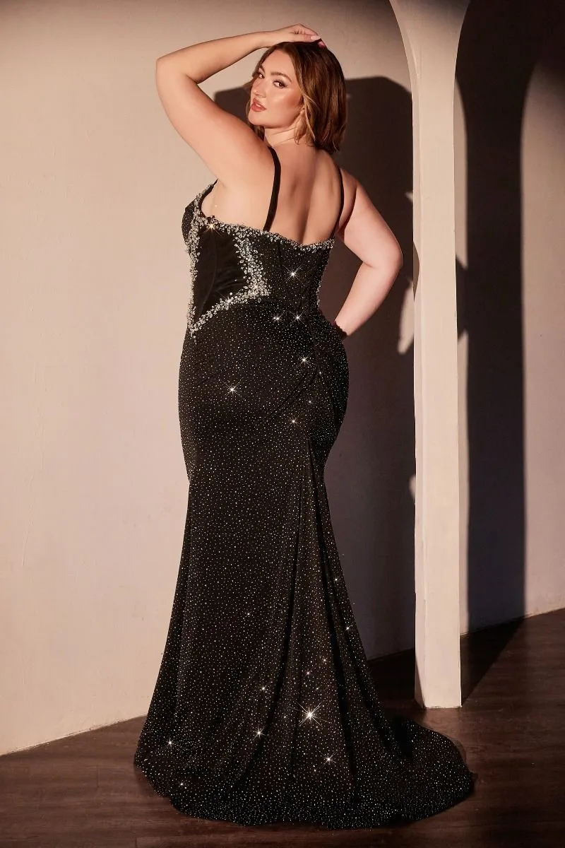 CD CM365C - Plus Size Stretch Shimmer Jersey Fit & Flare Prom Gown with Sheer Cut-Out Rhinestone Embellished Sides & Sweetheart Neck
