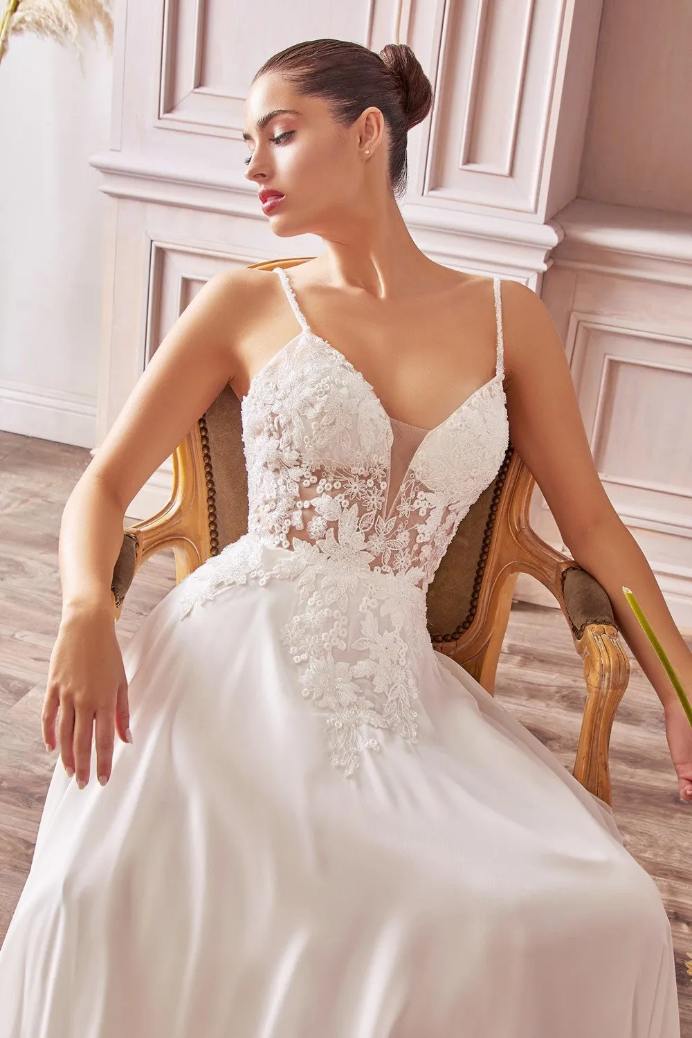 CD TY11 - A-Line Wedding Gown with Sheer Lace Embellished V-Neck Bodice & Flowy Chiffon Skirt