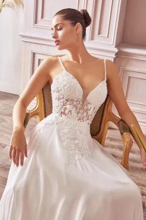CD TY11 - A-Line Wedding Gown with Sheer Lace Embellished V-Neck Bodice & Flowy Chiffon Skirt