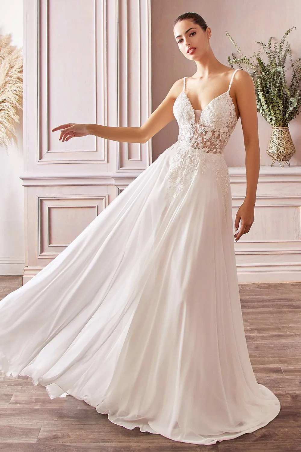 CD TY11 - A-Line Wedding Gown with Sheer Lace Embellished V-Neck Bodice & Flowy Chiffon Skirt