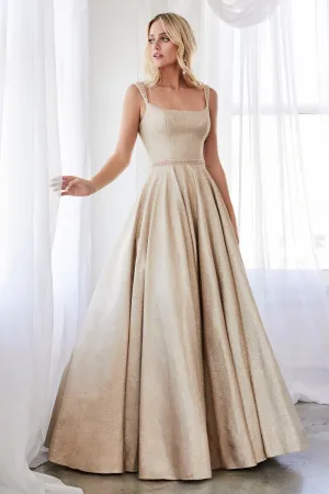 Champagne ball gown with glitter finish and beaded belt.