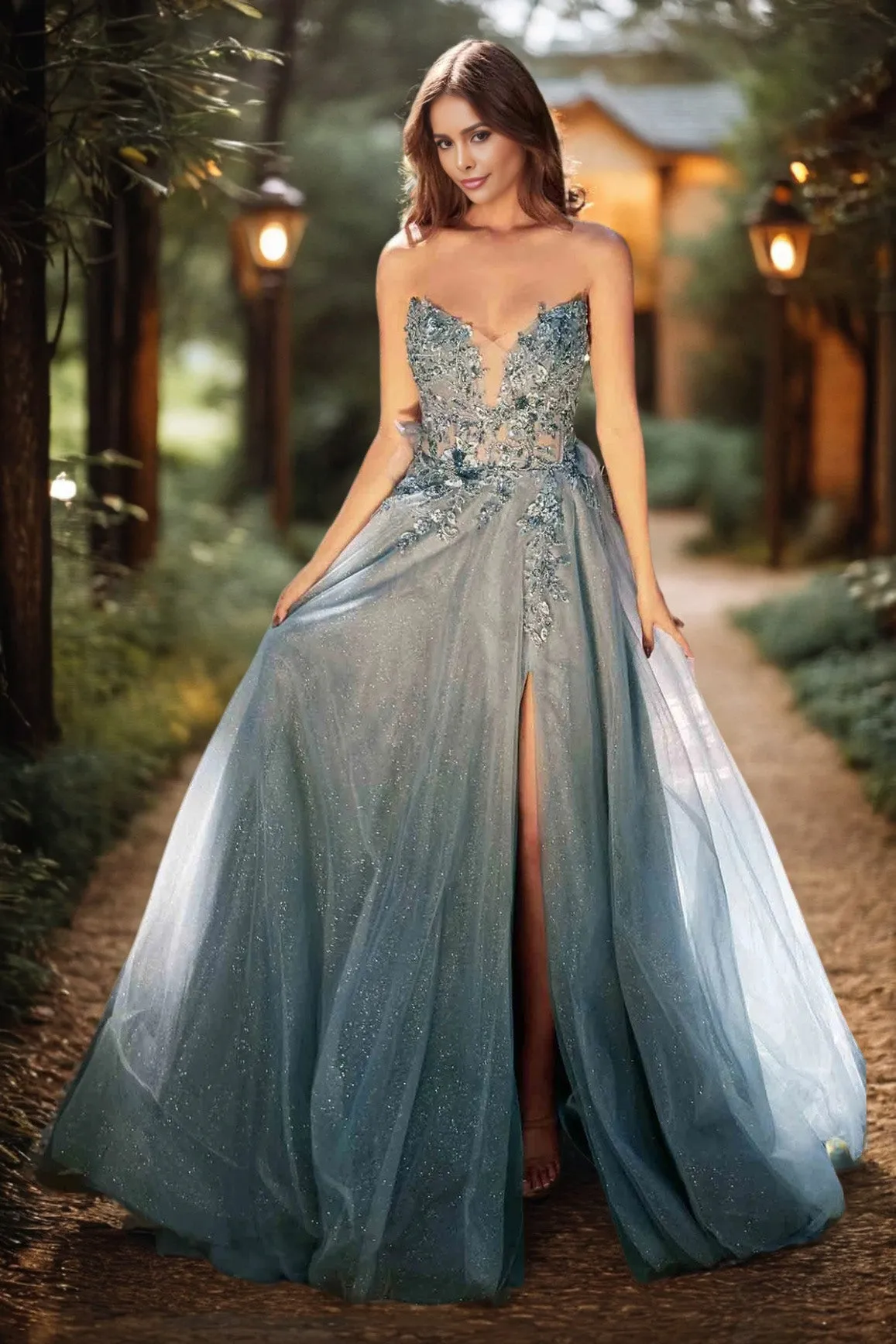 Charming Tulle Strapless Slit Party Dress with Detachable Sleeves