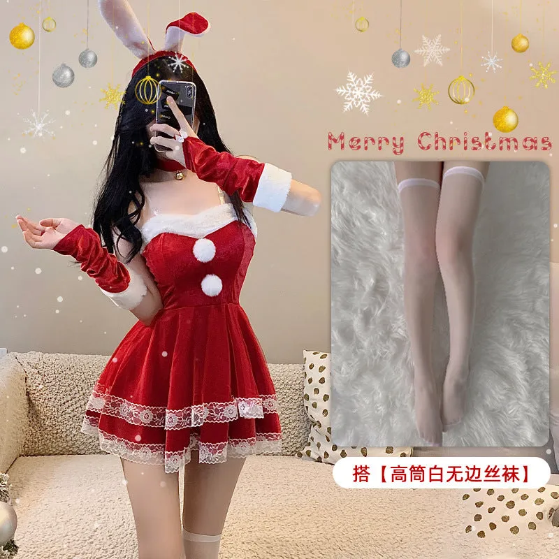 Christmas Puff Balls Lace Ruffle Dress