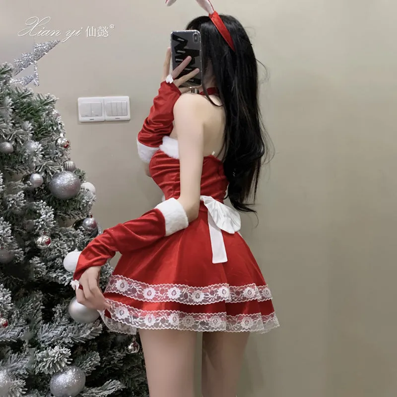 Christmas Puff Balls Lace Ruffle Dress