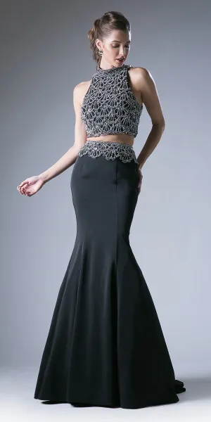 Cinderella Divine 11574 Two Piece Fitted Dress Halter Beaded Top Mermaid Skirt