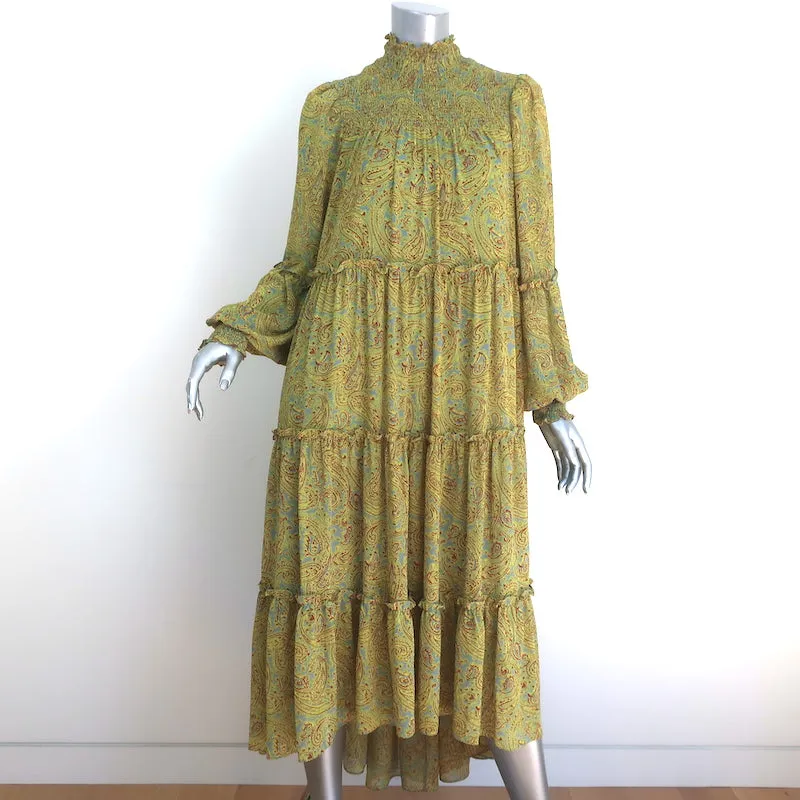 Cinq a Sept High-Low Midi Dress Rika Lime Paisley Print Ruffled Crepe Size 8