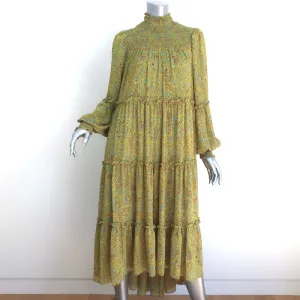 Cinq a Sept High-Low Midi Dress Rika Lime Paisley Print Ruffled Crepe Size 8