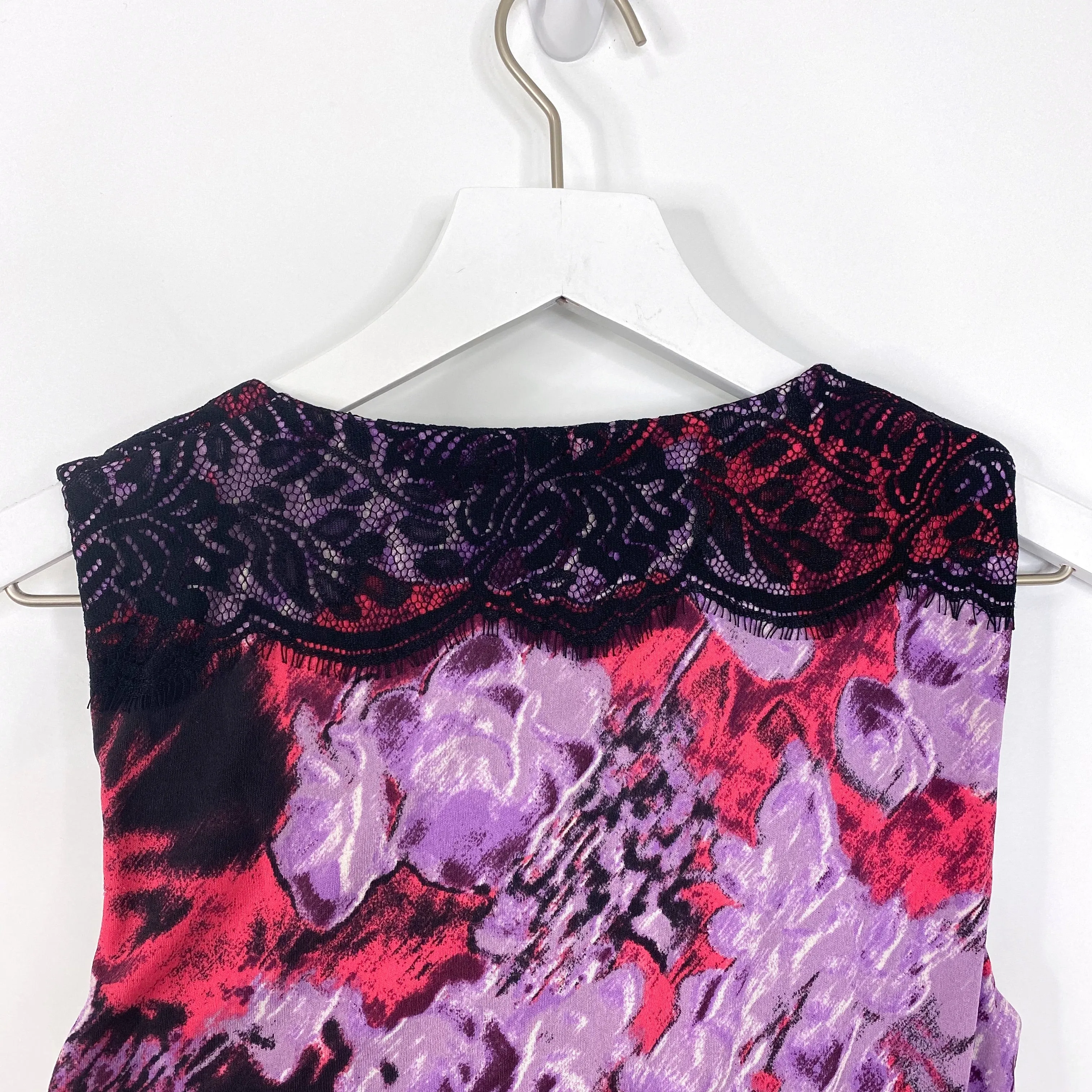 Classiques Entier Purple Multicolor Silk Lace Trim Abstract Sleeveless Cowl Neck Blouse