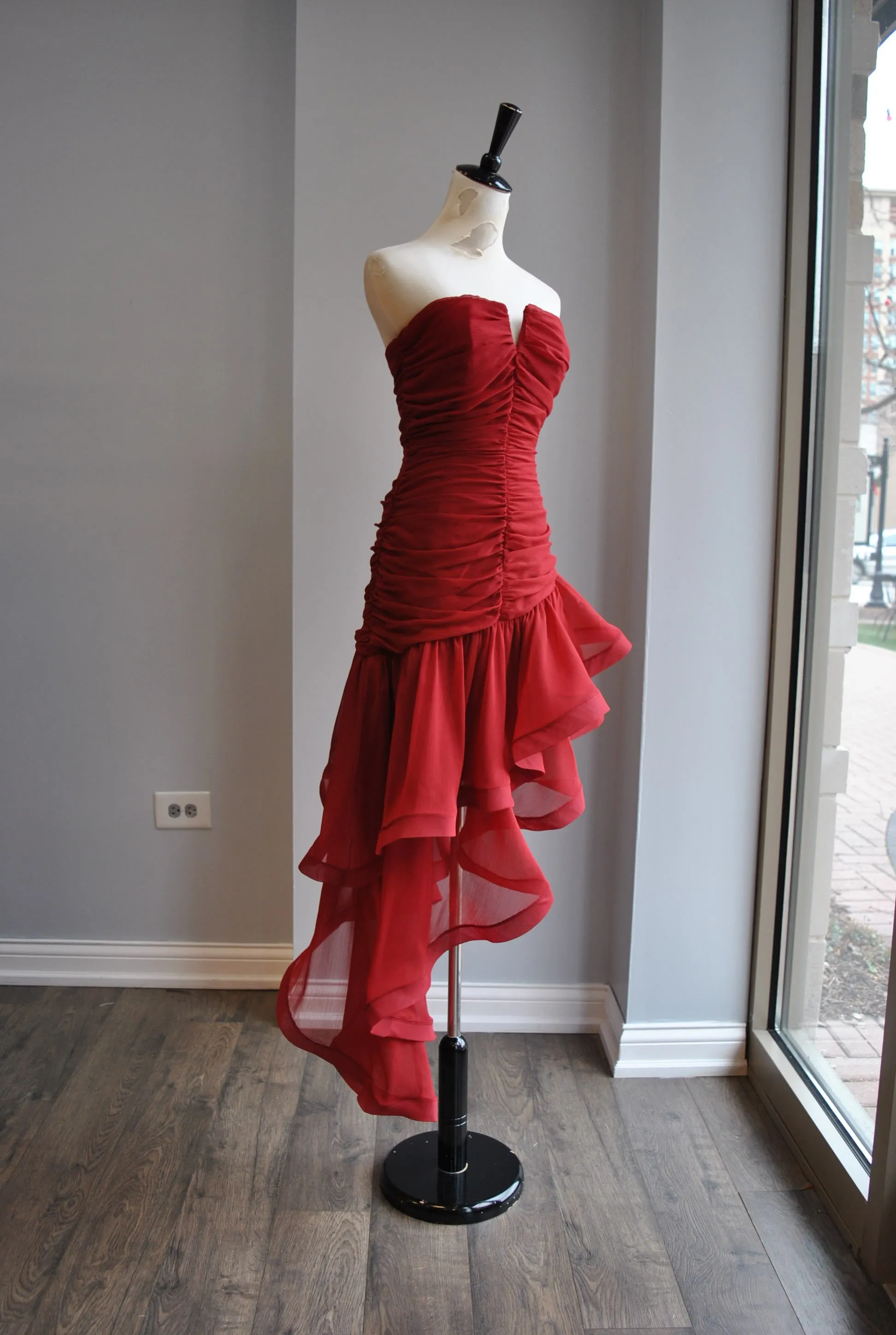 CLEARANCE - BURGUNDY HIGH AND LOW ASYMMETRIC DRESS WITH RUFFLE