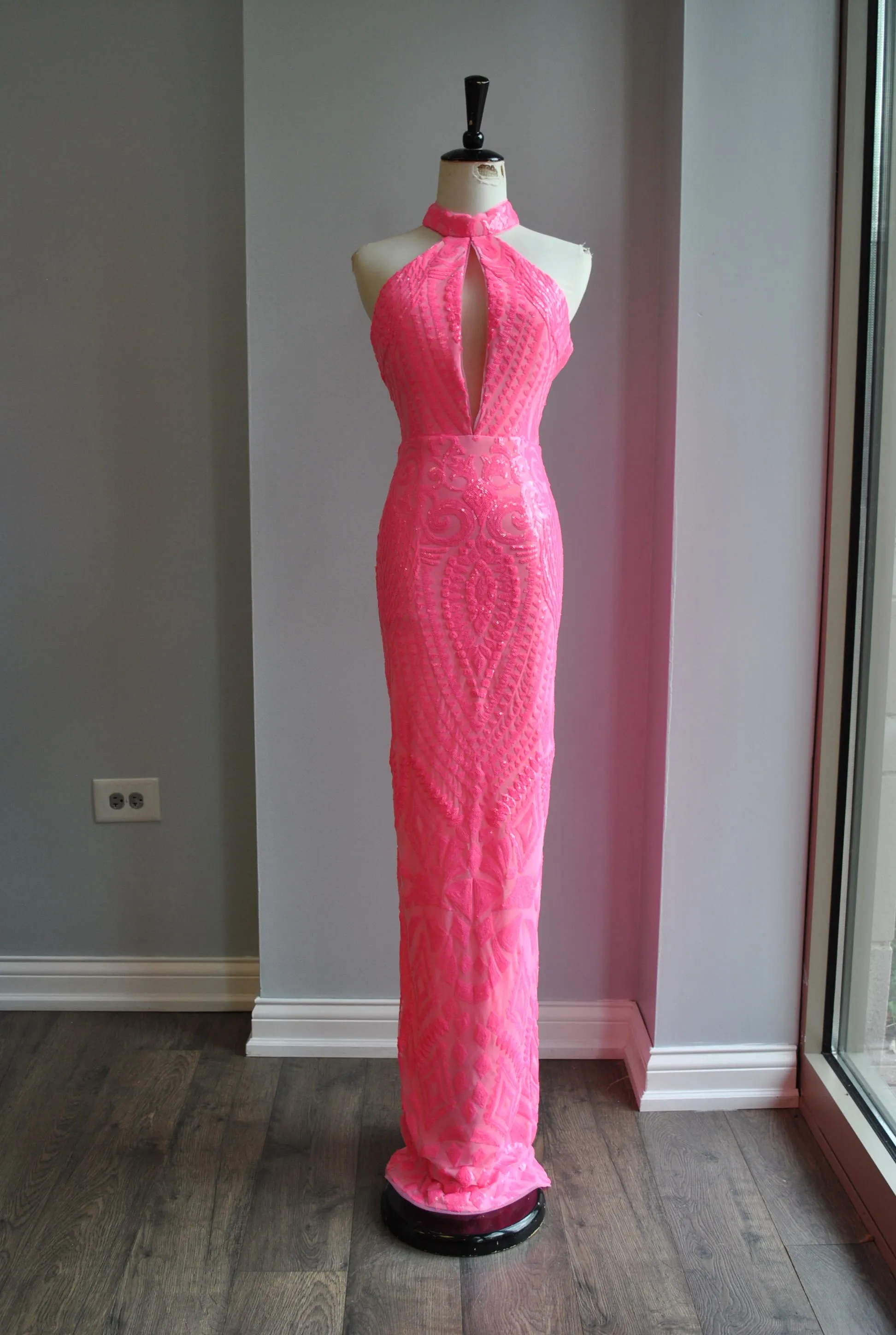 CLEARANCE - HOT PINK SEQUIN LONG EVENING GOWN