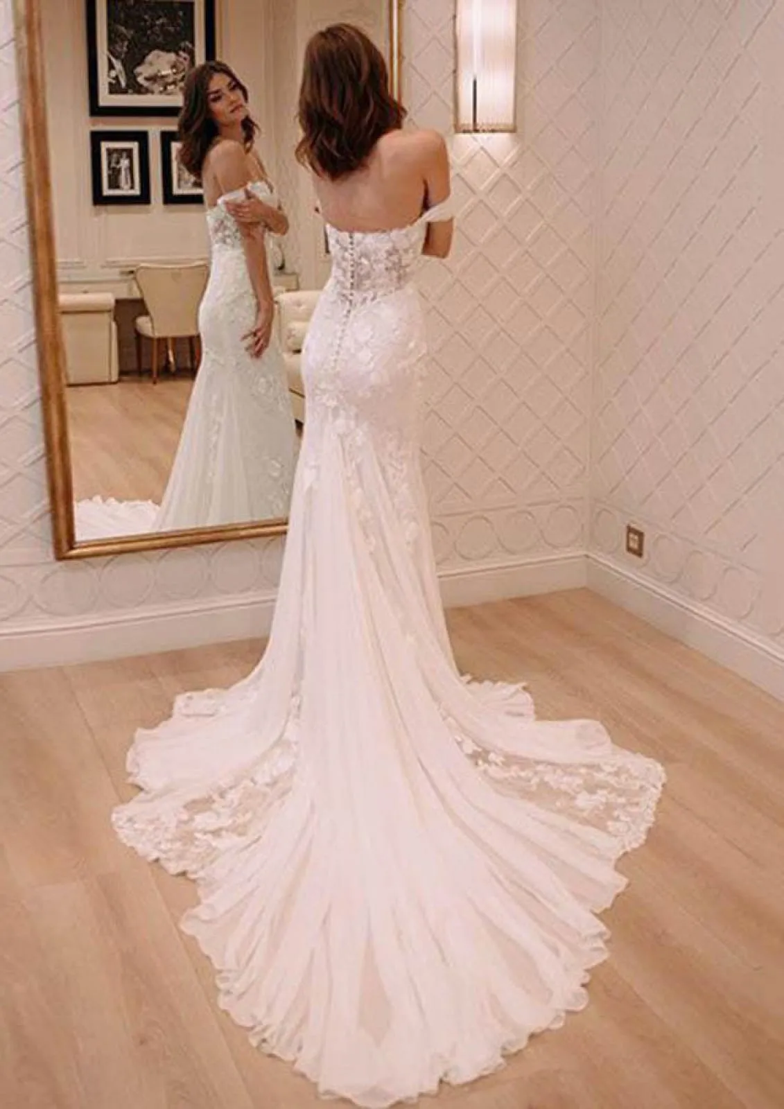 Column Off Shoulder Backless Fishtail Chapel Lace Chiffon Wedding Dress