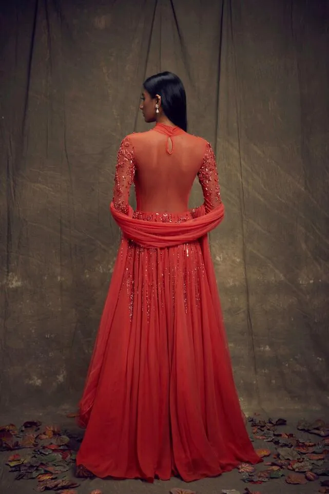 Coral Gown with Embellished Long Sleeves