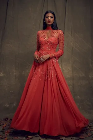 Coral Gown with Embellished Long Sleeves