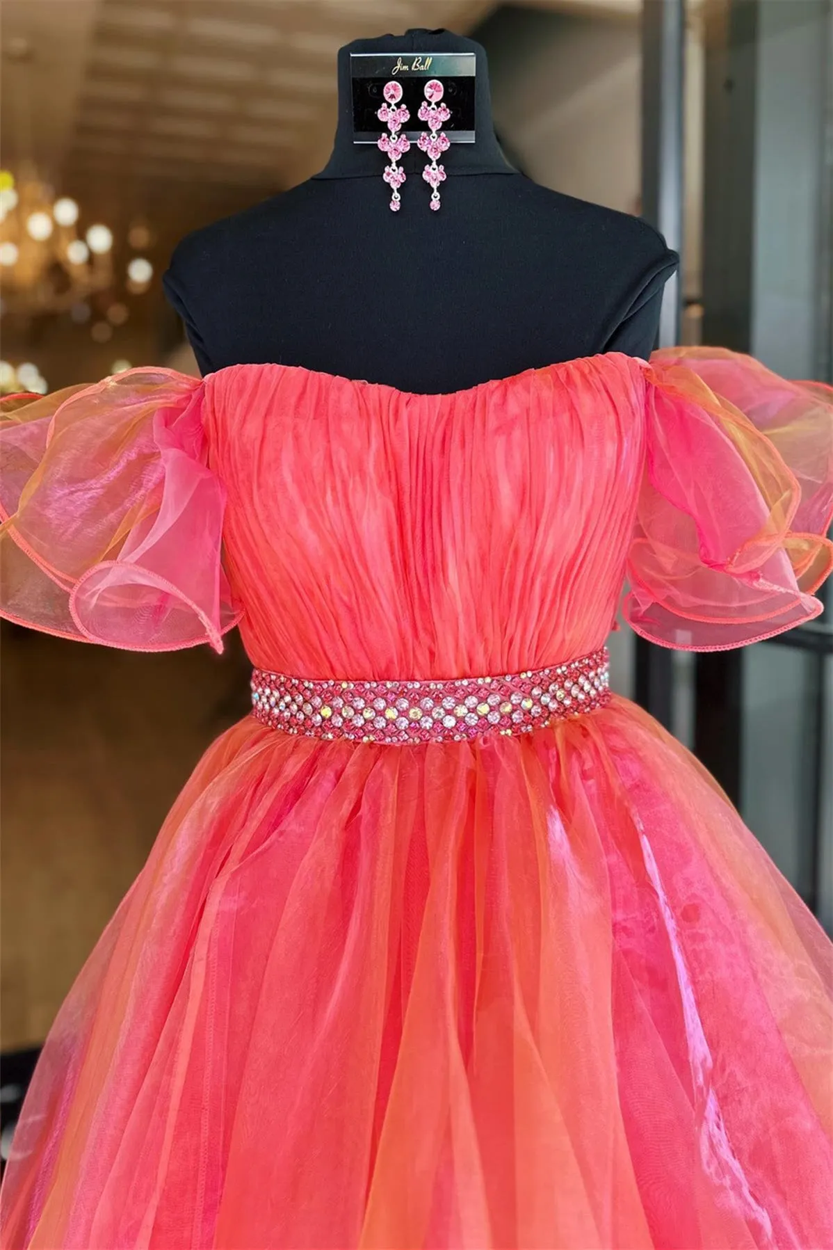 Coral Off-the-Shoulder Organza Ruffle Hi-Low Prom Dress