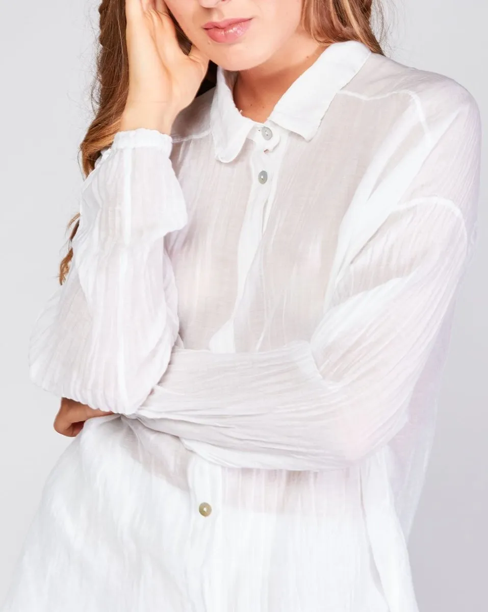 Cotton Silk Blend Sheer Bishop Sleeve Button-Up Shirt