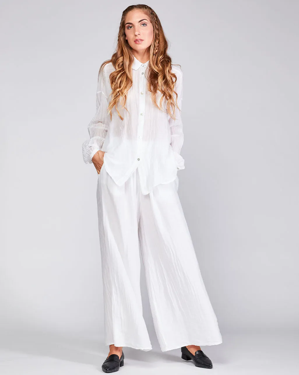 Cotton Silk Blend Sheer Bishop Sleeve Button-Up Shirt