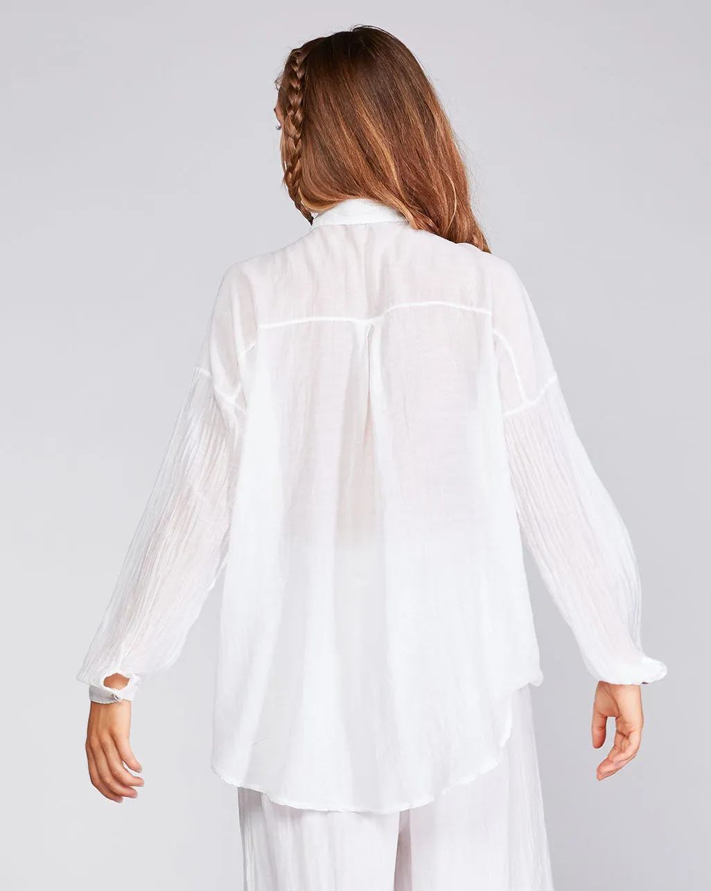 Cotton Silk Blend Sheer Bishop Sleeve Button-Up Shirt