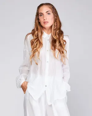 Cotton Silk Blend Sheer Bishop Sleeve Button-Up Shirt