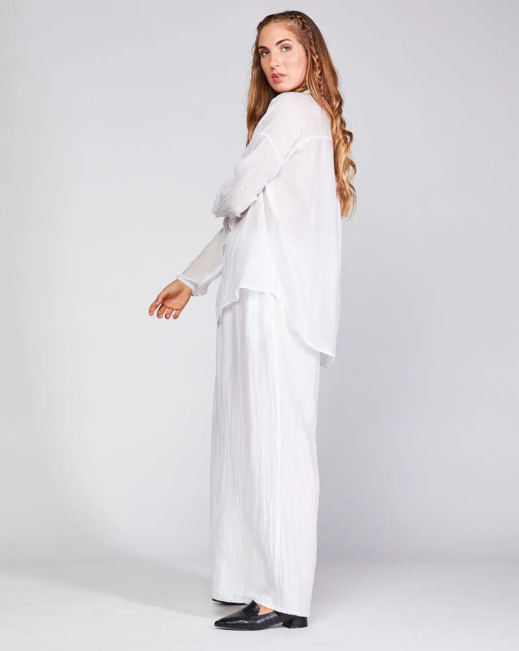 Cotton Silk Blend Sheer Bishop Sleeve Button-Up Shirt