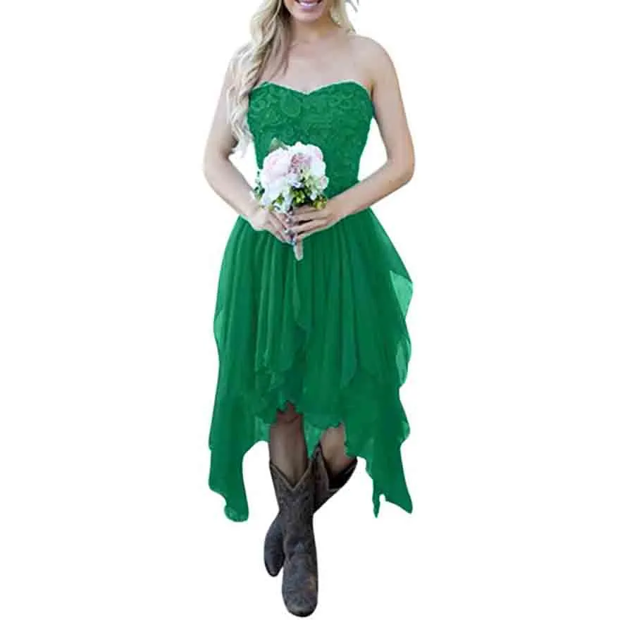 Country High Low Chiffon Lace Beach Wedding Guest Bridesmaid Dress
