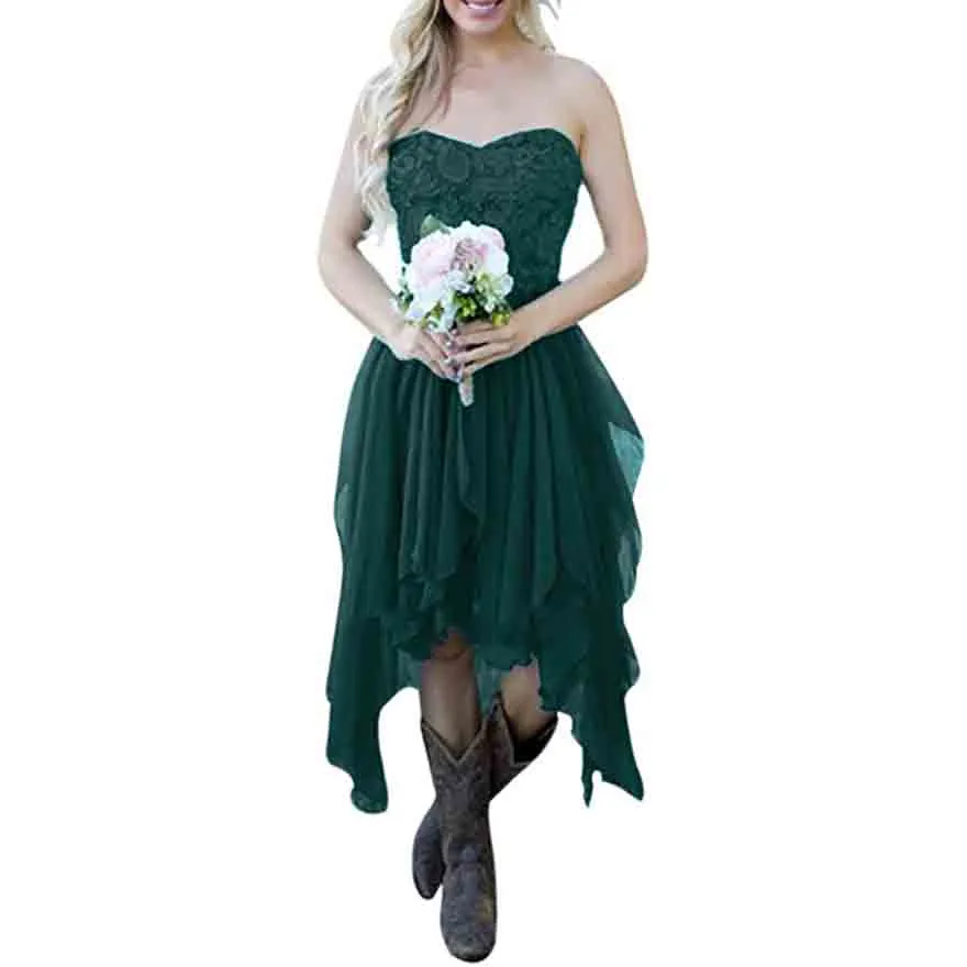 Country High Low Chiffon Lace Beach Wedding Guest Bridesmaid Dress