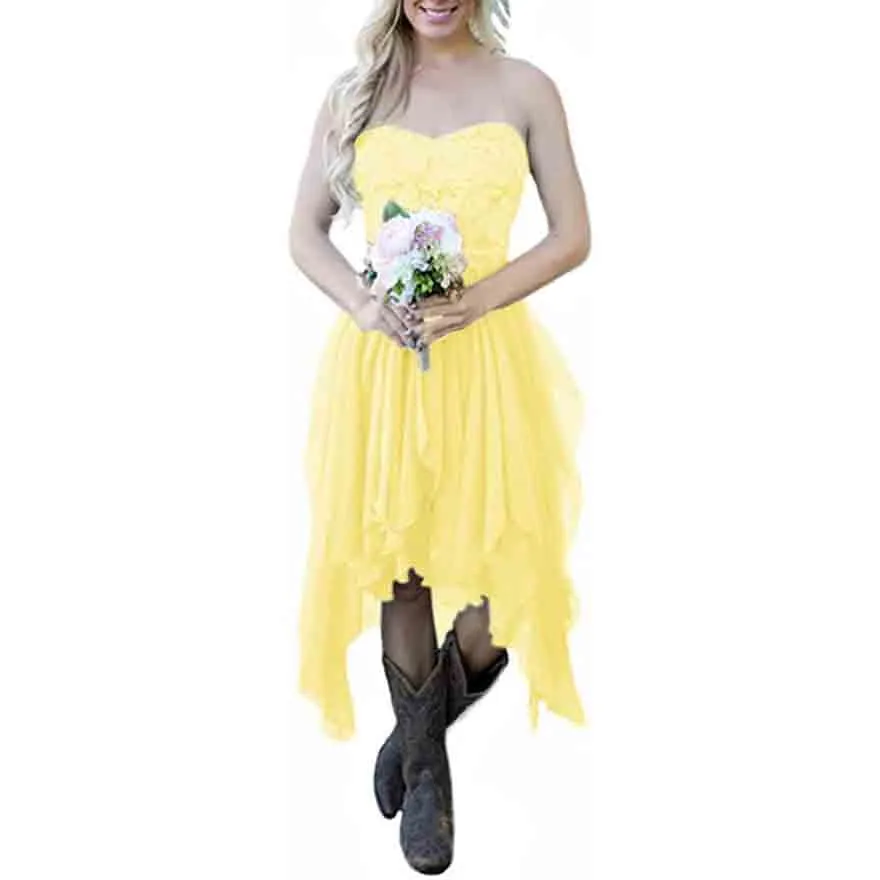 Country High Low Chiffon Lace Beach Wedding Guest Bridesmaid Dress
